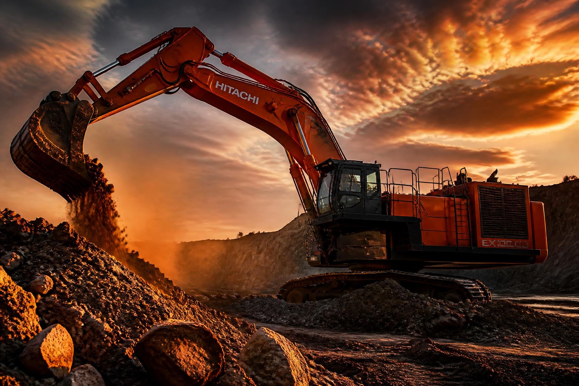 Excavatrice Hitachi en action au lever du soleil